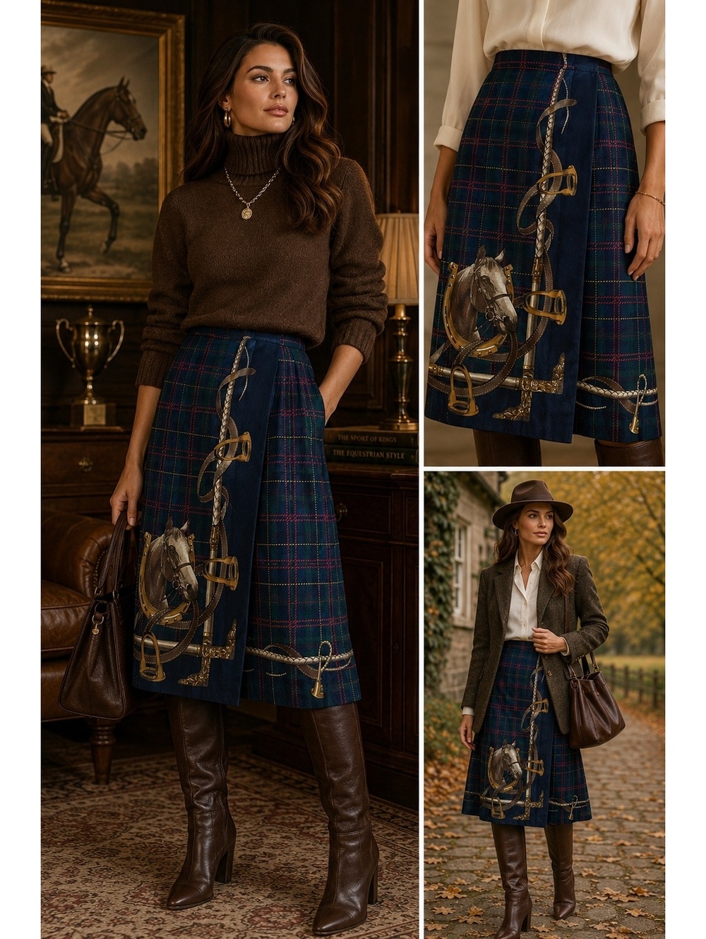 Vintage 90s JH Collectibles Equestrian Tartan Horse Print Skirt Size 16